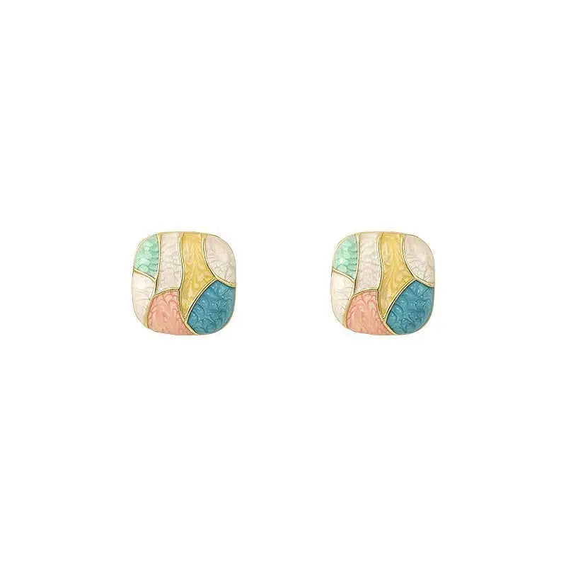 Colorful Glaze Water Drop Women's Stud Earrings Blue Pink Enamel Multi-colored Grids Small Square Earrings for Girls Boho Jewery