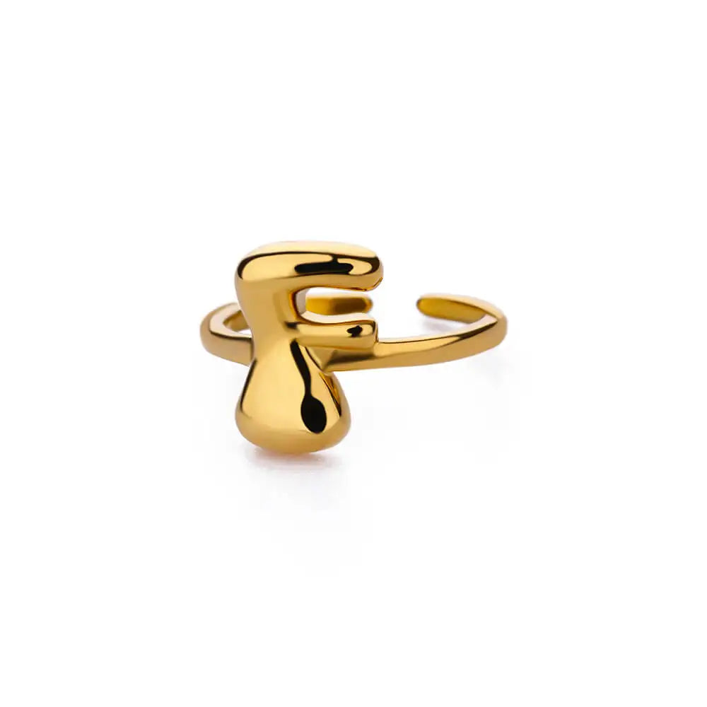 Gold Color Cute Bubble Letters Rings For Women Stainless Steel A-Z Alphabet Opening Ring Wedding Party Christmas Jewelry