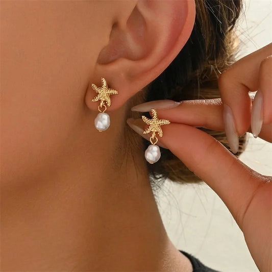 Vintage Metal Shell Starfish Pearl Drop Earrings For Women Trendy Gold Color Beach Shell Stud Earring Summer Jewelry Party Gifts