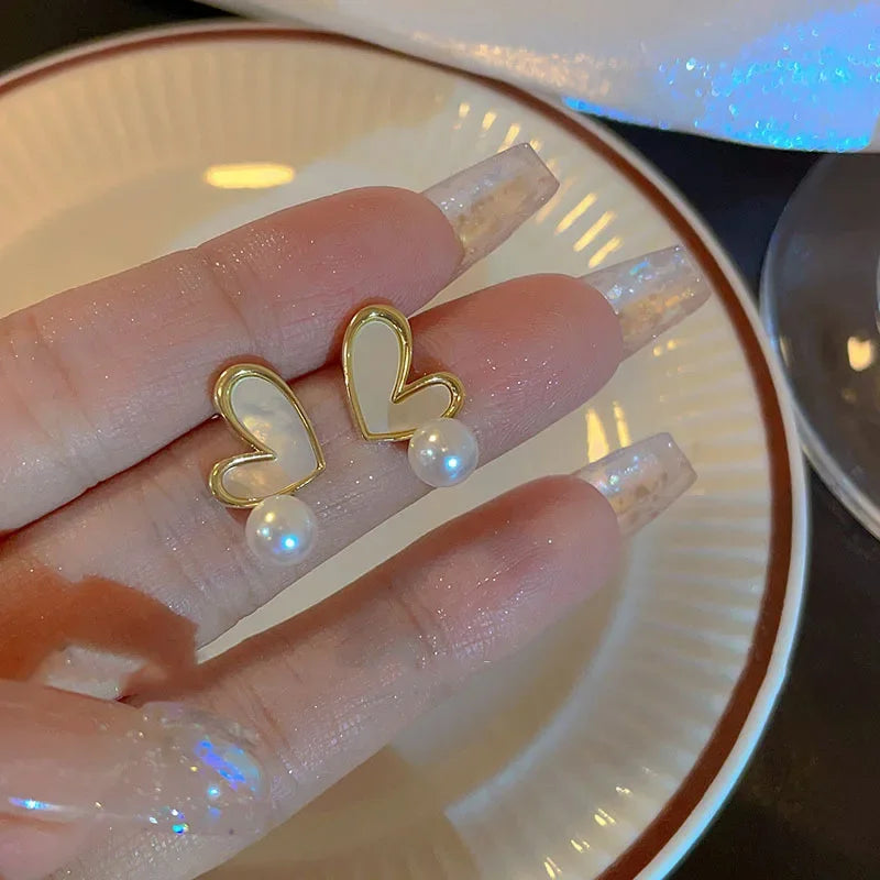 LATS New French Elegant Gold Color Bean Spliced Flat Pearl Earrings for Korean Fashion Jewelry Party Women's Sweet Accessories