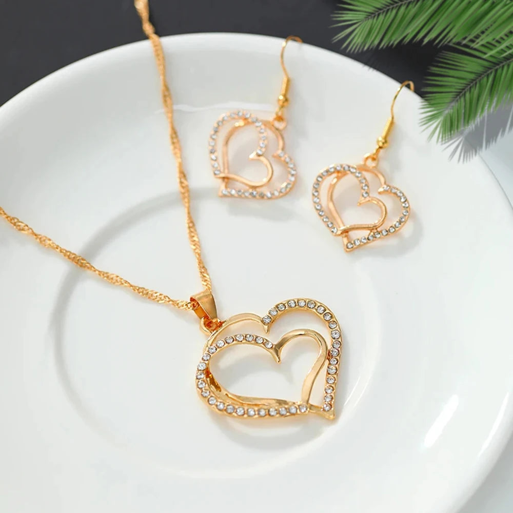 1 Pair Of Earrings + 1 Necklace French Romantic Style Jewelry Set Sparkling Heart Design Silvery Or Golden Make Your Call Gift F