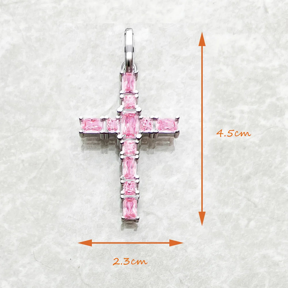 Pendant Cross with Pink Stones Brand New Jewelry 925 Sterling Silver Europe Accessories Romantic Gift For Women