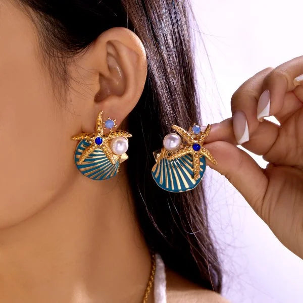 Fashion Asymmetric Ocean Style Earrings Stud For Women Starfish Shell Earring Ear Ring Imitation Pearl Zircon Jewelry Gift
