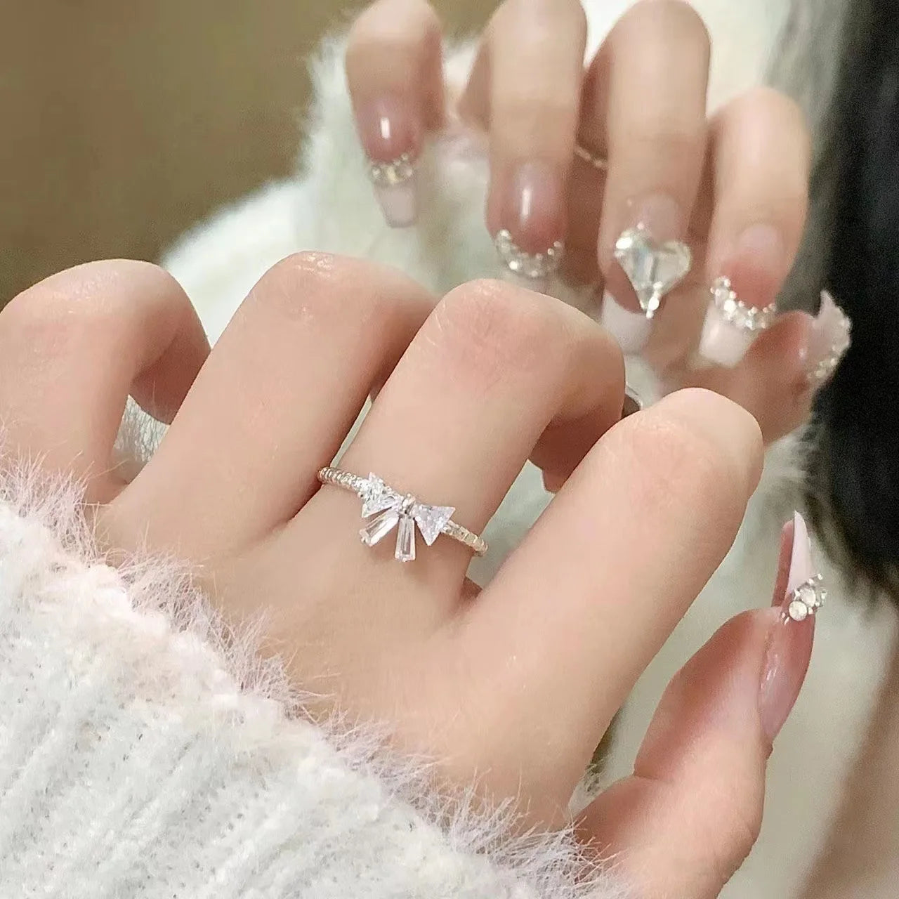 Romantic Lovely White Bowknot Rings Female Girls Exquisite Jewelry Ring with Shiny Bow Tie Zircon for Party Dating Lovers Gifts