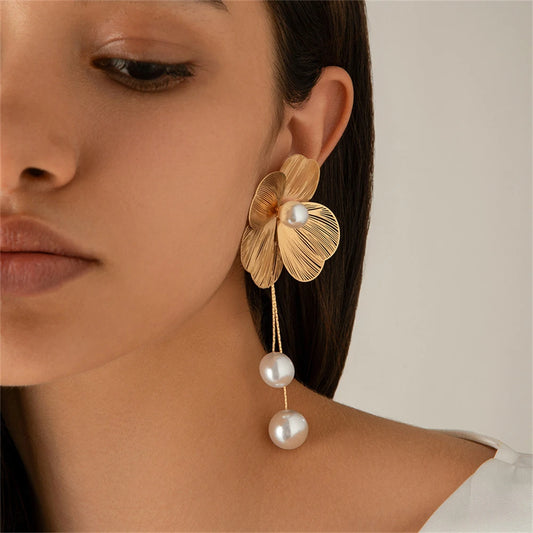 Pendientes de moda con forma de flor grande y colgante de perla, diseño coreano, para mujeres y niñas, accesorios de joyería de metal, regalo de fiesta.