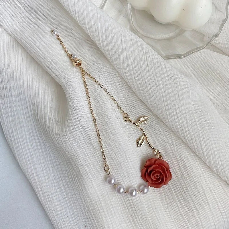 Korean Light Luxury Tulip Flower Bracelet For Women Shiny Zircon Opal Pearl Beaded Rose Adjustable Charm Bracelet Trendy Jewelry