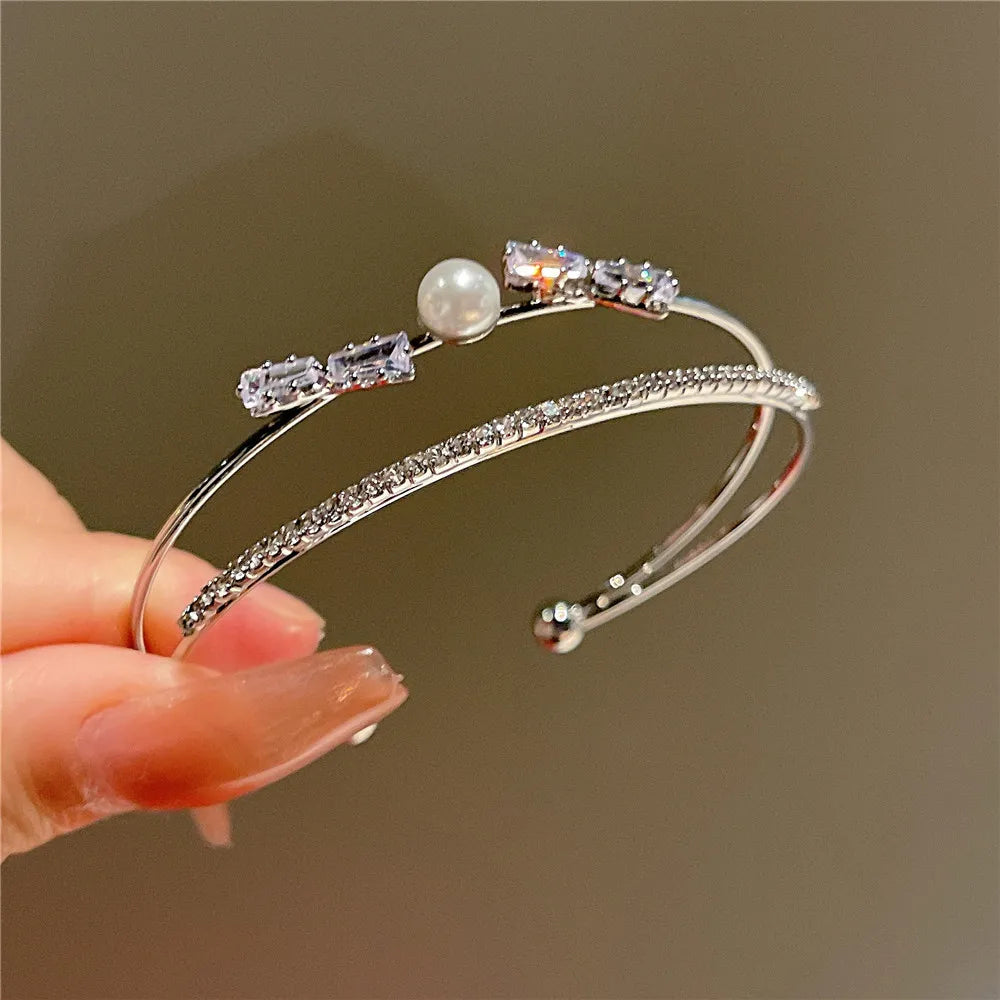 Silver Plated Micro Zircon Open Bangle For Women 2023 Korean Simple Design Hollow Versatile Bracelet Wedding Jewelry Party Gift