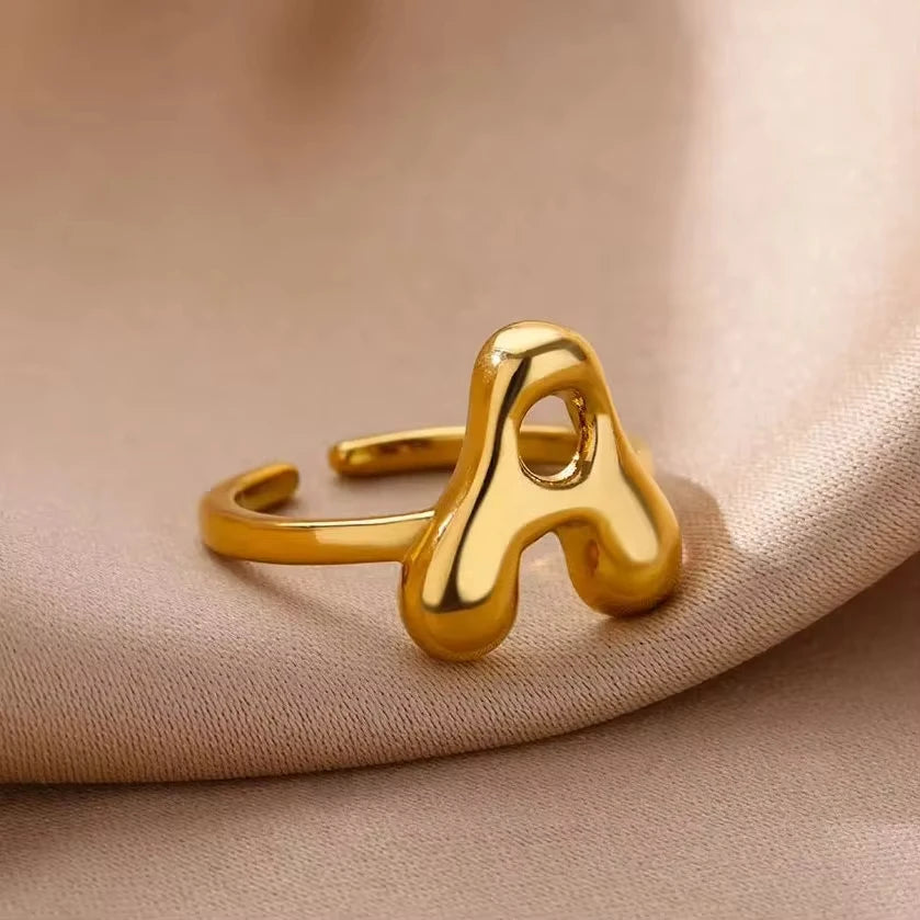 Gold Color Cute Bubble Letters Rings For Women Stainless Steel A-Z Alphabet Opening Ring Wedding Party Christmas Jewelry