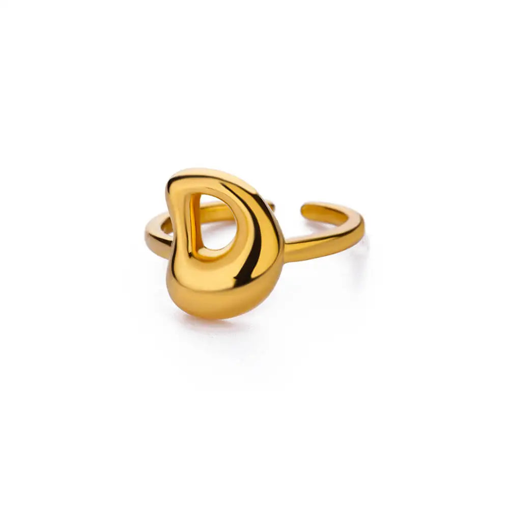 Gold Color Cute Bubble Letters Rings For Women Stainless Steel A-Z Alphabet Opening Ring Wedding Party Christmas Jewelry