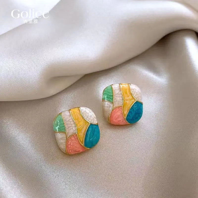 Colorful Glaze Water Drop Women's Stud Earrings Blue Pink Enamel Multi-colored Grids Small Square Earrings for Girls Boho Jewery