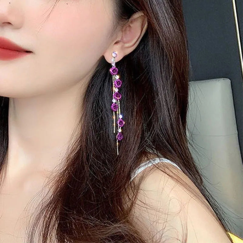 New Rose Flower Long Tassel Dangle Earrings Women Blue Red Green Rhinestone Flowers Hanging Earring Girls Party Wedding Jewelry