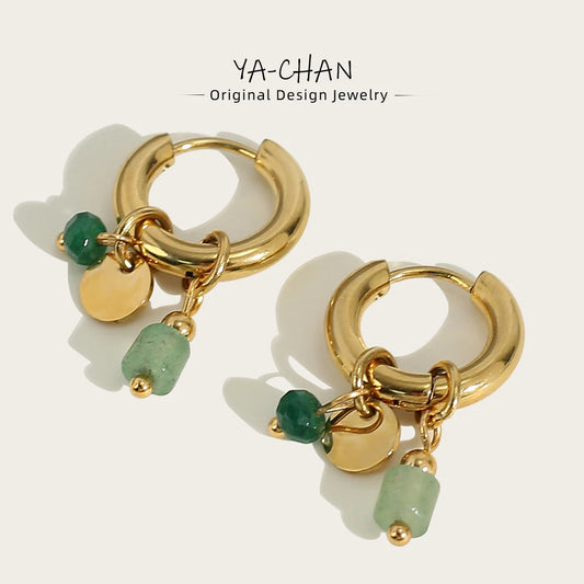 Pendientes de aro YACHAN de acero inoxidable chapados en oro de 18 quilates para mujer, con dijes de piedra natural verde vintage, joyería moderna e impermeable.