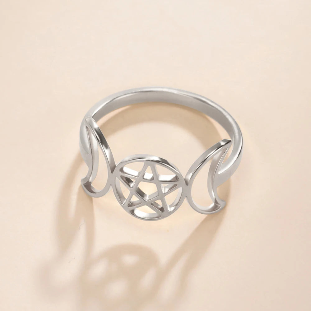 COOLTIME Pentagram Triple Moon Goddess Symbol Rings for Women Men Stainless Steel Crescent Star Ring Vintage Wicca Jewelry Gift