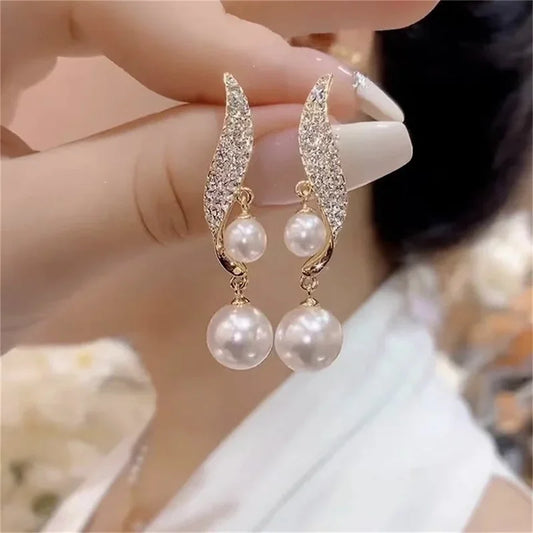 Brincos elegantes com pingente de pérola para mulheres, joias da moda coreana, acessórios simples para festa, estudantes e meninas, brincos de casamento para mulheres