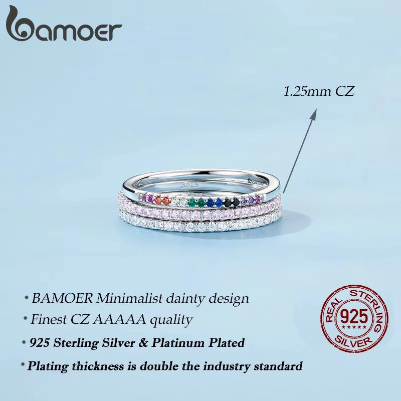 BAMOER 925 Sterling Silver Full pave CZ Simulated Diamond Stackable Ring, Women Gold Plated Engagement Wedding Eternity Bands