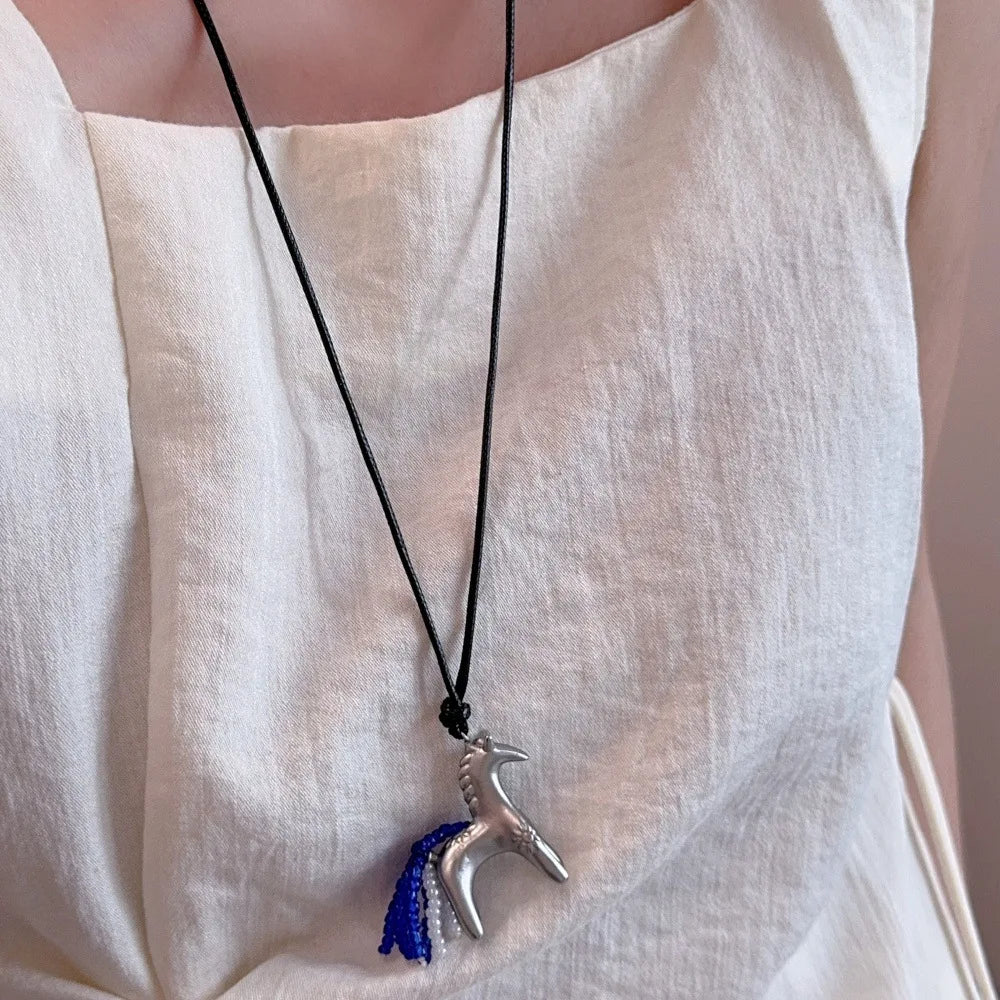 Minar New Luxury Metallic Cartoon Horse Beads Strand Tassel Pendant Necklaces for Women Long Adjustable Wax Rope Chain Choker