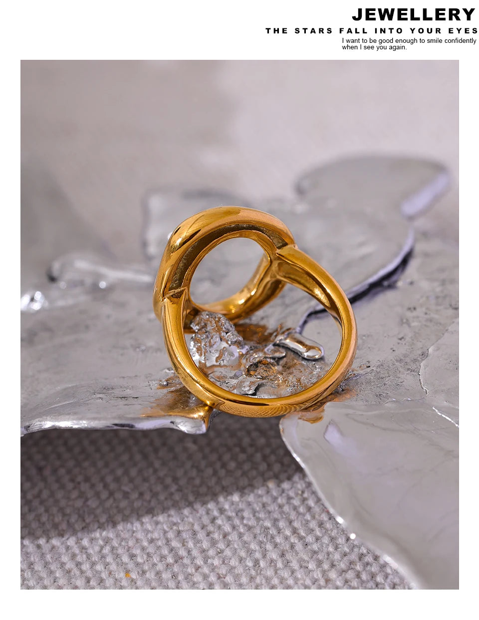 Yhpup Creative Stainless Steel Geometric Hollow Golden Minimalist Ring Fashion Waterproof Unusual Trendy Textured Jewelry