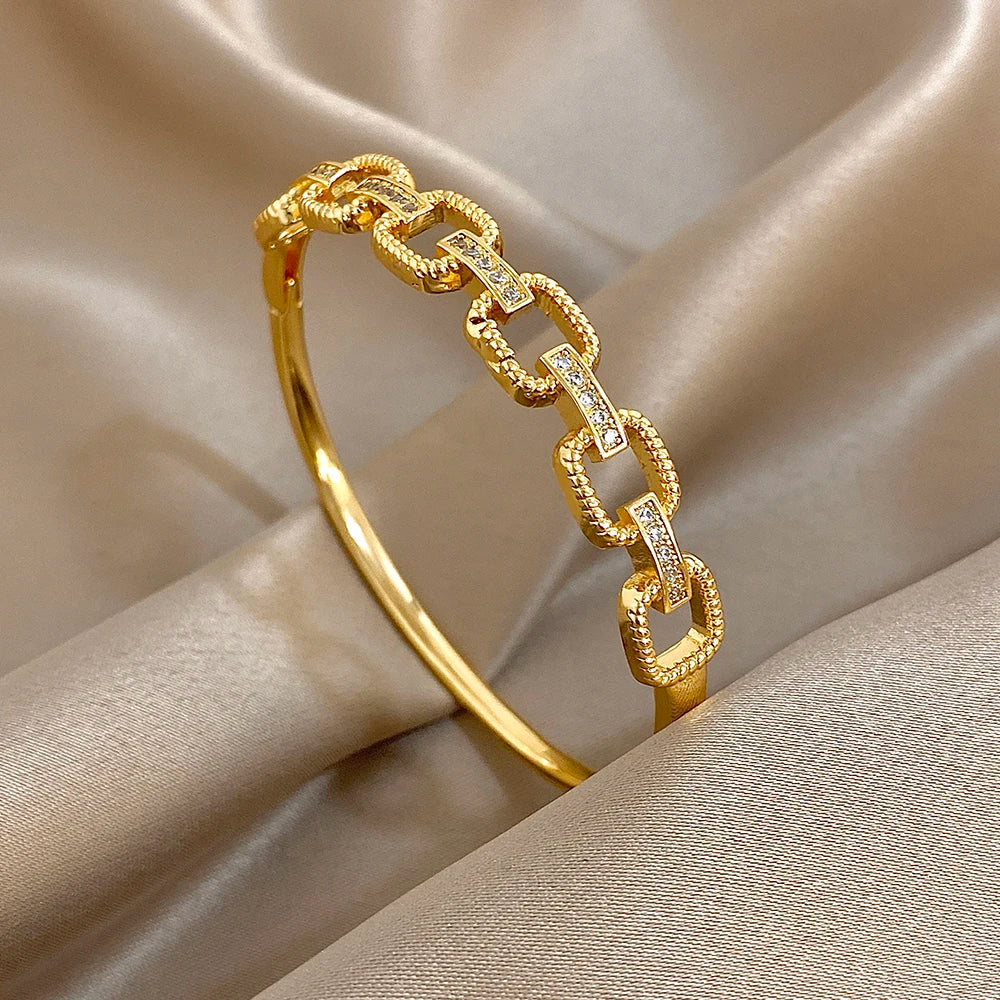 Flashbuy Gold Color Chic Inlaid Zircon Copper Bangle Bracelet For Women Statement New Design Temperament Wrist Fashion Jewelry