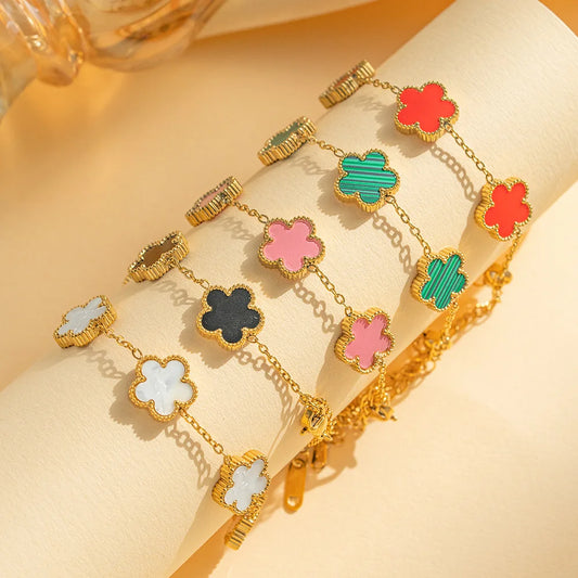 IFYOUOO Stainless Steel Bracelet Double Sided Bracelets Five Leaf Petals Flower Gold Plated Clover Women Fashion Jewely