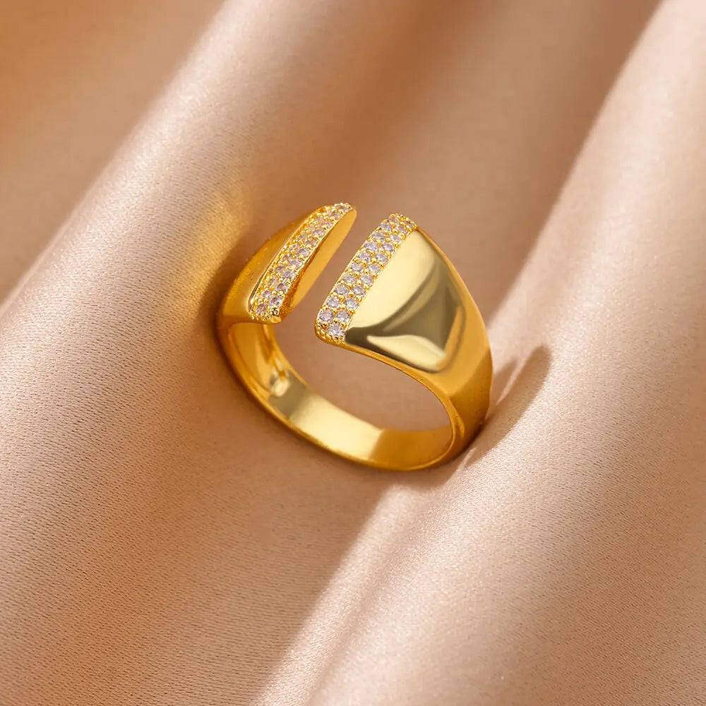 Zircon Cristal Geometric Rings For Women Stainless Steel Gold Color Adjustable Finger Ring Trendy Wedding Luxury Jewerly Gift