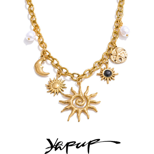 Colgante Yhpup con forma de estrella de mar, luna y sol, estilo moderno, de acero inoxidable, cadena dorada, joyería de moda con baño de PVD.
