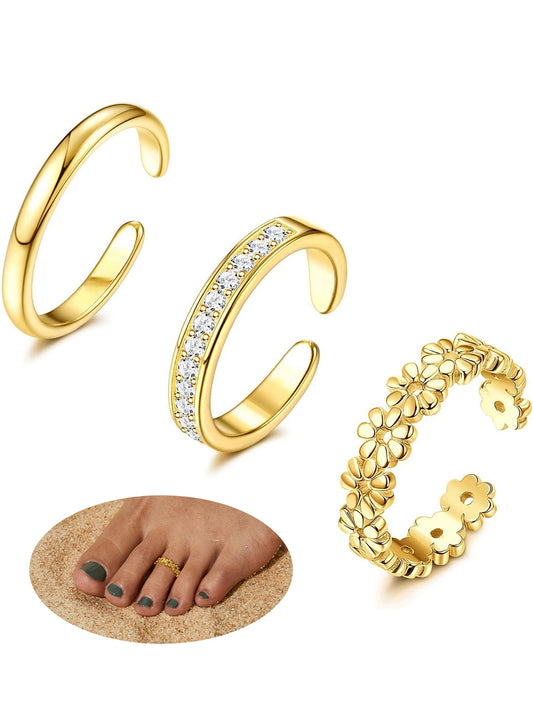 3pcs Fashionable Luxurious Open Adjustable Zircon Foot Ring Women's Beach Vacation Foot Joint Ring Toe Ring Set Jewelry
