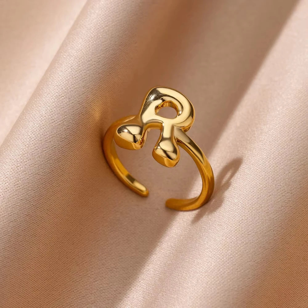 Gold Color Cute Bubble Letters Rings For Women Stainless Steel A-Z Alphabet Opening Ring Wedding Party Christmas Jewelry