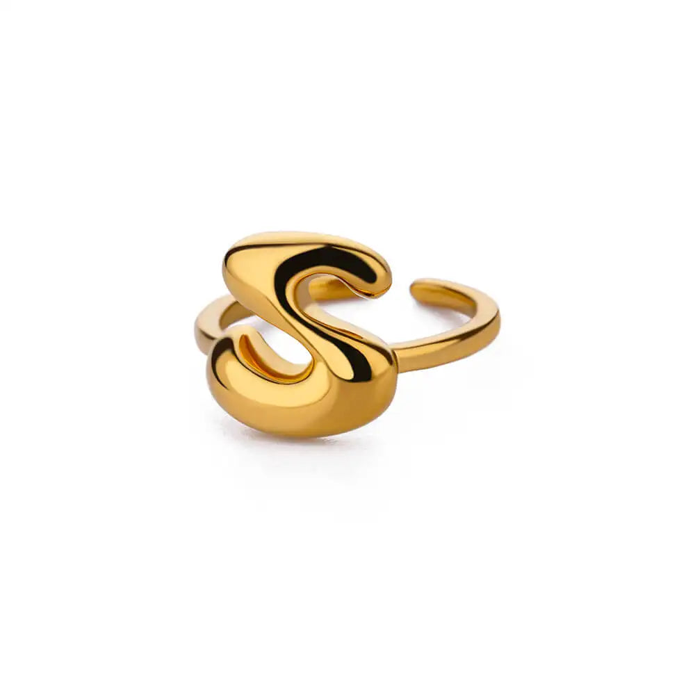 Gold Color Cute Bubble Letters Rings For Women Stainless Steel A-Z Alphabet Opening Ring Wedding Party Christmas Jewelry