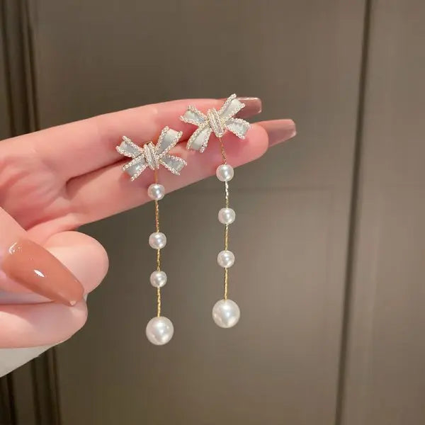 Korean Exquisite Imitation Pearl Tassel Drop Earring For Women Shiny Zircon Flower Leaf Long Ear Line Geometric Earring Jewelry