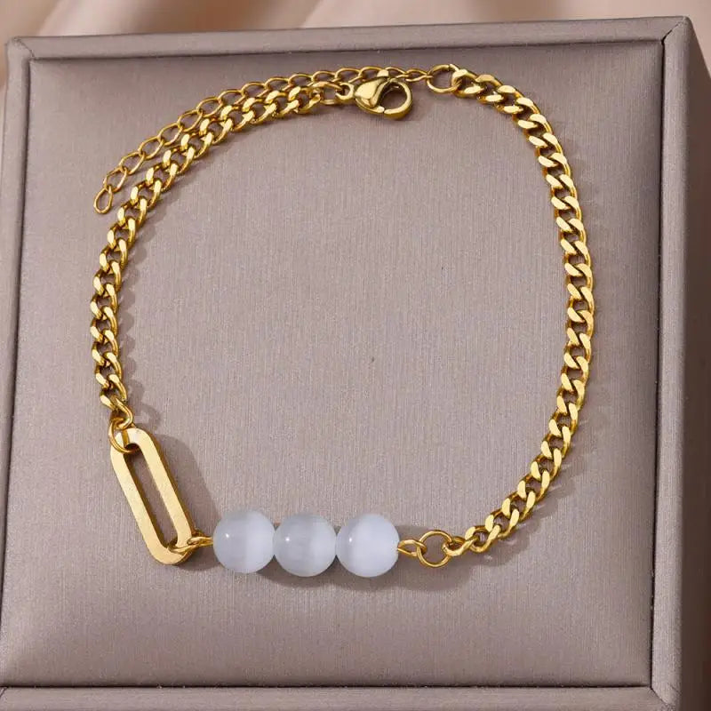 Anklets for Women Stainless Steel Stone Beaded Chain Anklet Summer Beach Accessories Boho Leg Bracelets Jewelry Tobilleras Mujer