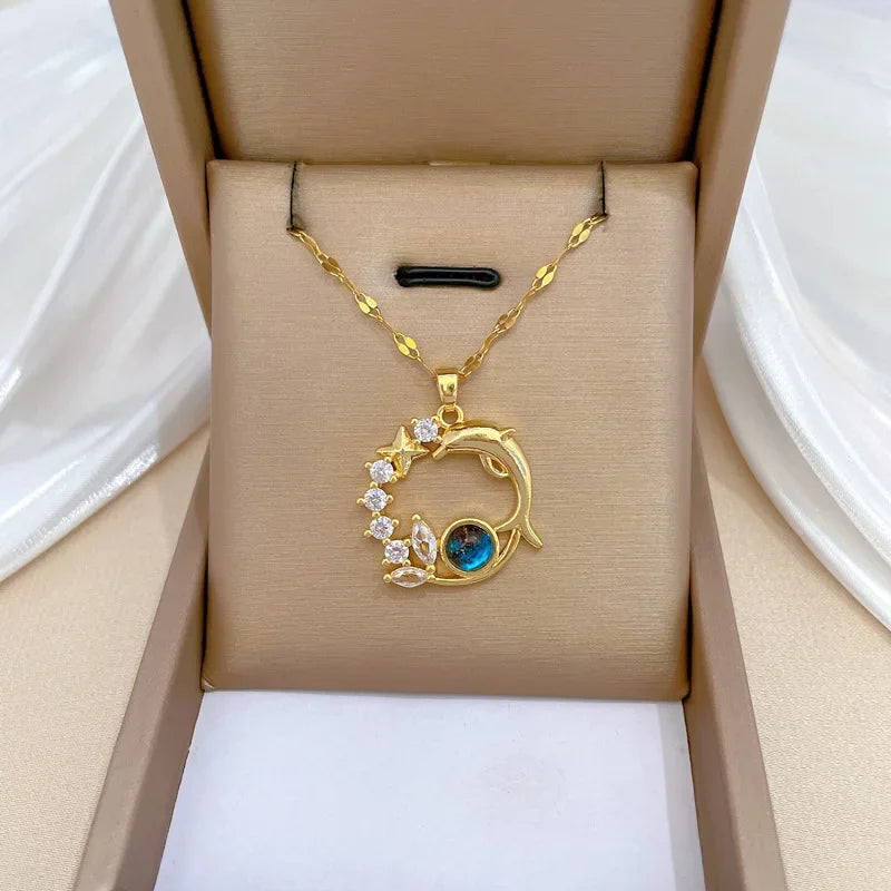Exquisite Dolphin Star Blue Crystal Pendant Necklace For Women Fashion Personalized Daily Accessory Party Jewelry Birthday Gifts