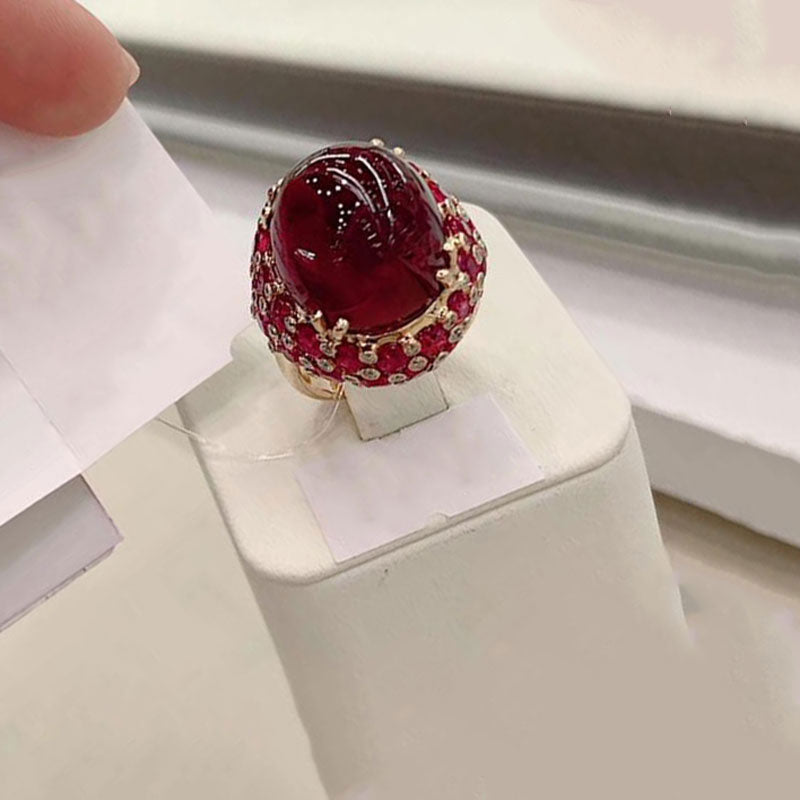 585 Purple Gold Plated 14K Rose Gold Inlaid Oval Ruby Rings for Women Adjustable Luxury Exaggerated Punk Wedding Jewelry
