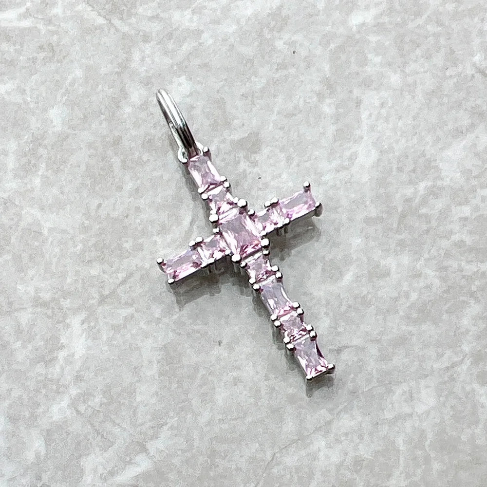 Pendant Cross with Pink Stones Brand New Jewelry 925 Sterling Silver Europe Accessories Romantic Gift For Women
