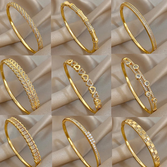 Flashbuy Gold Color Chic Inlaid Zircon Copper Bangle Bracelet For Women Statement New Design Temperament Wrist Fashion Jewelry