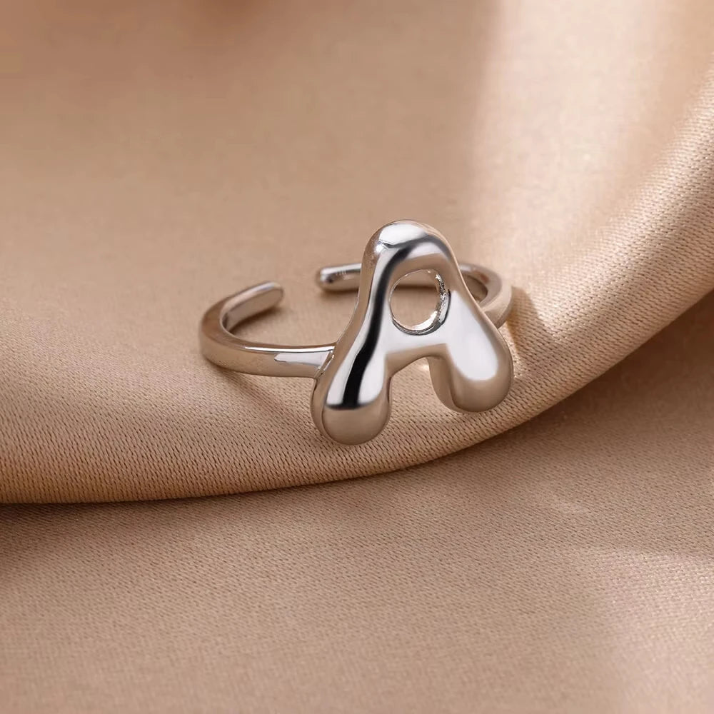 Gold Color Cute Bubble Letters Rings For Women Stainless Steel A-Z Alphabet Opening Ring Wedding Party Christmas Jewelry