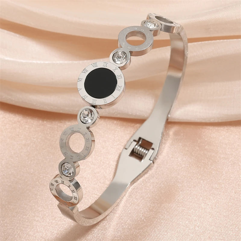 ZAKOL 2 Pcs Fashion Bracelet Rings For Women Black Acrylic Roman Numeral Stainless Steel Couple Bracelet Jewelry Set Gift