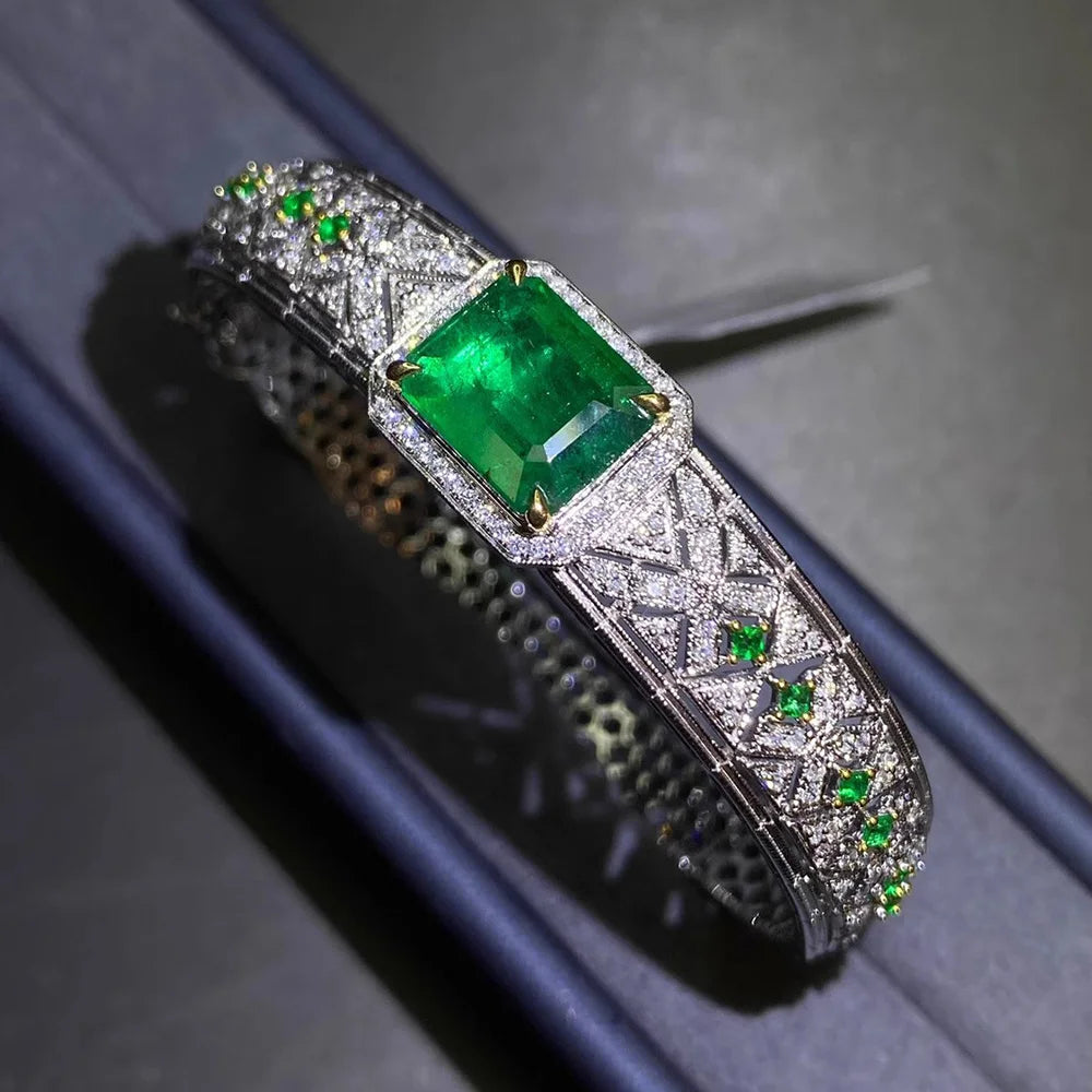 Luxury Silver Color Emerald Bracelet for Women Female Micro Inlaid Zircon Dual Color Bangle Cuff Wedding Party Jewelry Gift