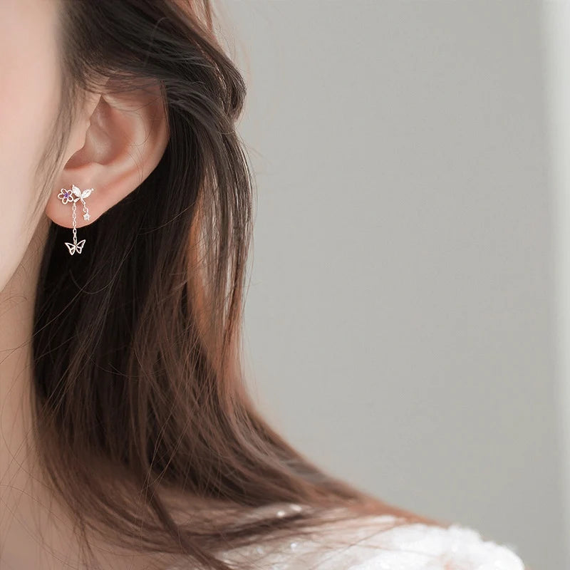 Exquisite Leaves Crystal Flower Stud Earrings For Women AAA Zircon Rose Butterfly Tassel Earring Bride Wedding Party Jewelry
