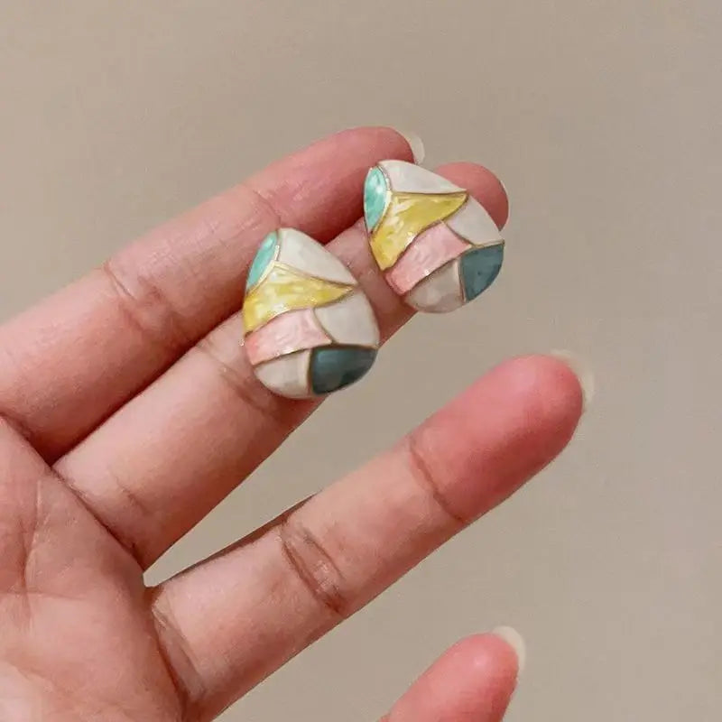 Colorful Glaze Water Drop Women's Stud Earrings Blue Pink Enamel Multi-colored Grids Small Square Earrings for Girls Boho Jewery