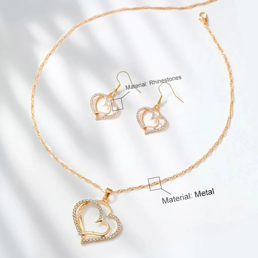 1 Pair Of Earrings + 1 Necklace French Romantic Style Jewelry Set Sparkling Heart Design Silvery Or Golden Make Your Call Gift F