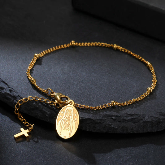 Stainless Steel Beaded Cross Virgin Mary Pendant Bracelet Fashion Jewelry Bracelet Gift for Woman
