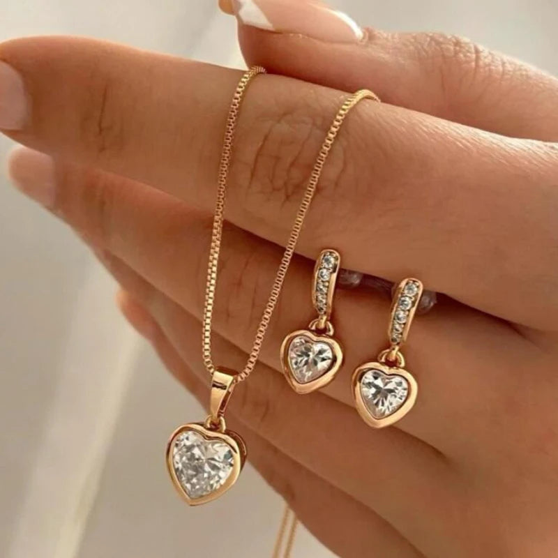 LATS 3 Pcs/Set Round Pearl Pendant Necklace For Women Exquisite Fashion Rhinestone Double Earring Wedding Jewelry Set Gift
