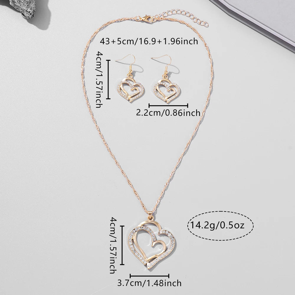 1 Pair Of Earrings + 1 Necklace French Romantic Style Jewelry Set Sparkling Heart Design Silvery Or Golden Make Your Call Gift F