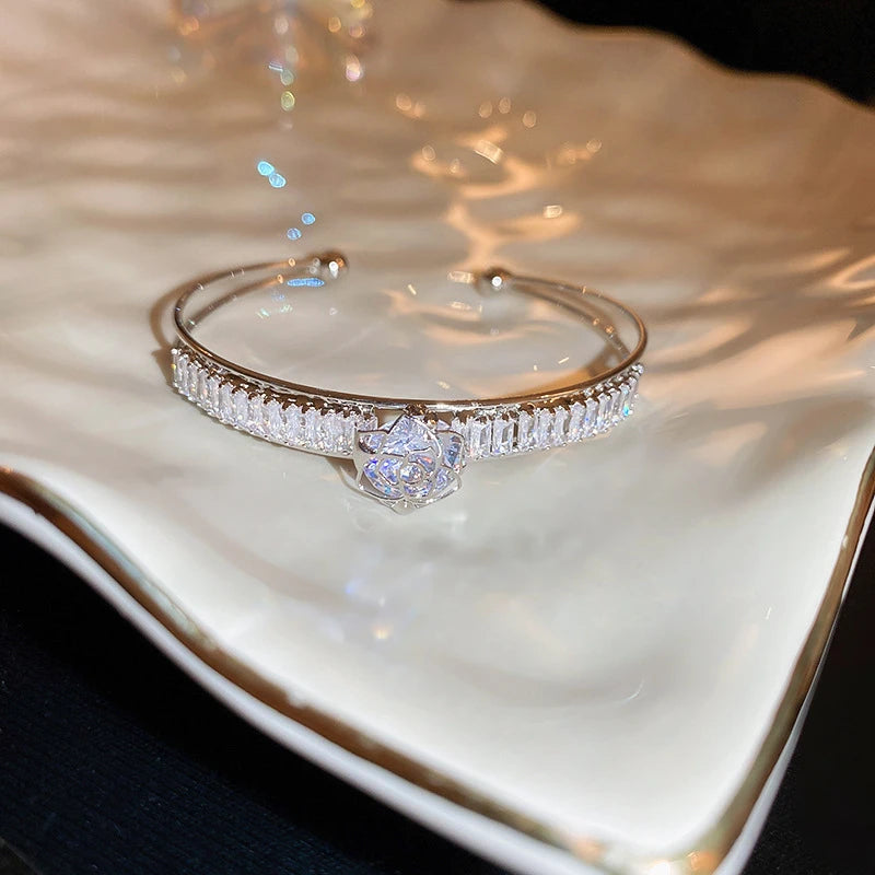 Silver Plated Micro Zircon Open Bangle For Women 2023 Korean Simple Design Hollow Versatile Bracelet Wedding Jewelry Party Gift