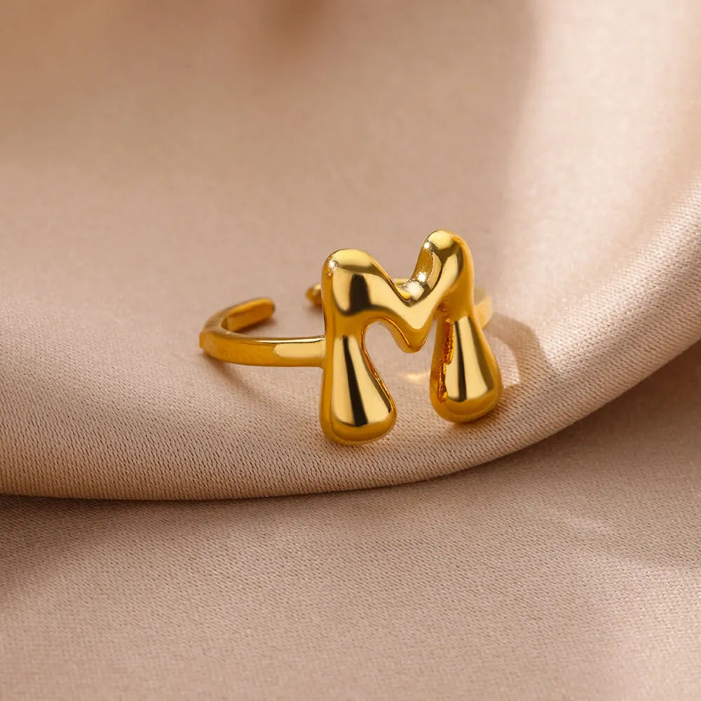 Gold Color Cute Bubble Letters Rings For Women Stainless Steel A-Z Alphabet Opening Ring Wedding Party Christmas Jewelry