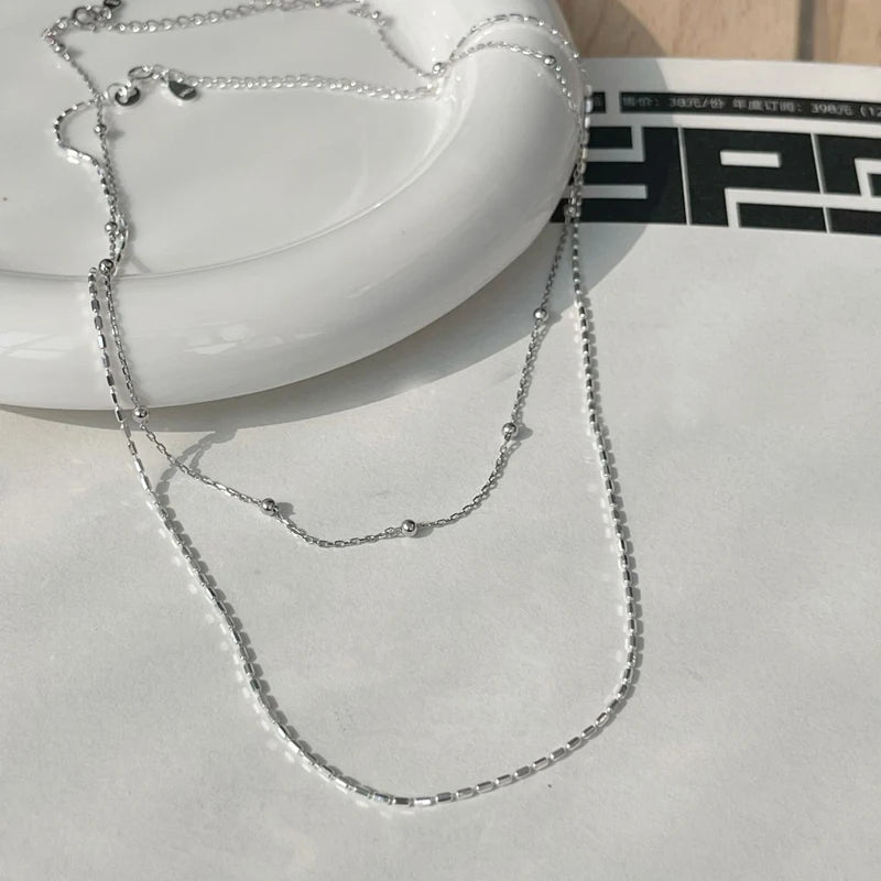 925 Sterling Silver Necklace With Simple Geometric Bead Choker Shiny And Delicate Collarbone Chain For Women's Fashion Jewellery
