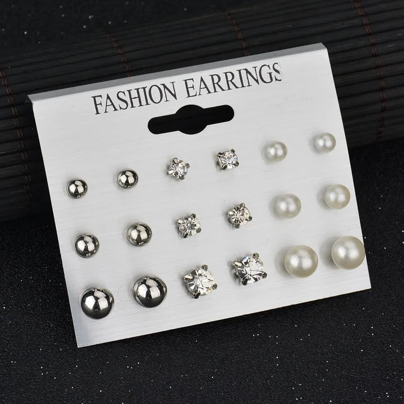 Trendy 12 Pairs/Set Cute Triangle Crystal Heart Stud Earrings for Women Ball Simulated Pearl Flower Brincos