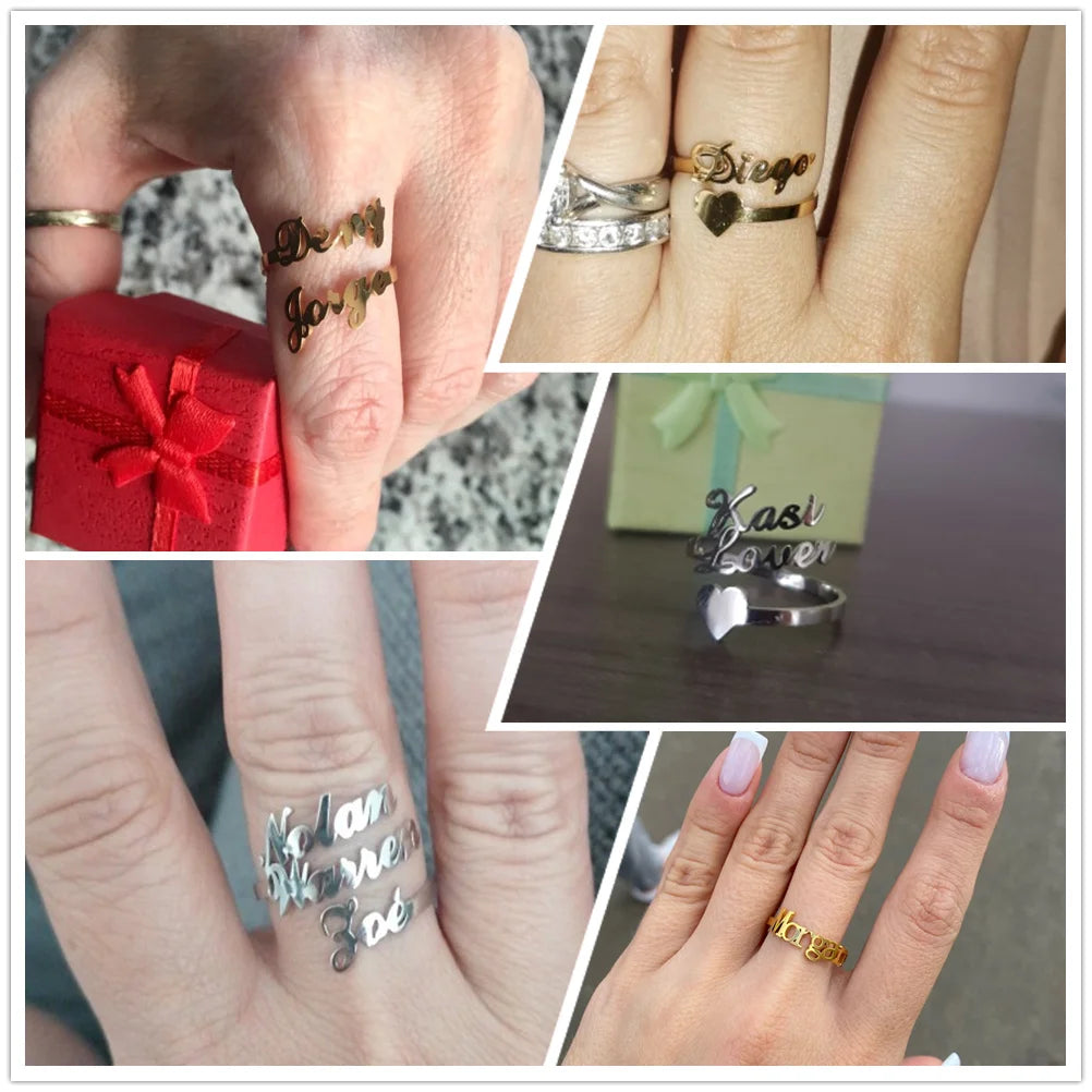 Custom Double First Name Finger Ring For Women Men Personalized Rings Couple Family Gift Gold Color Stainless Steel Jewelry