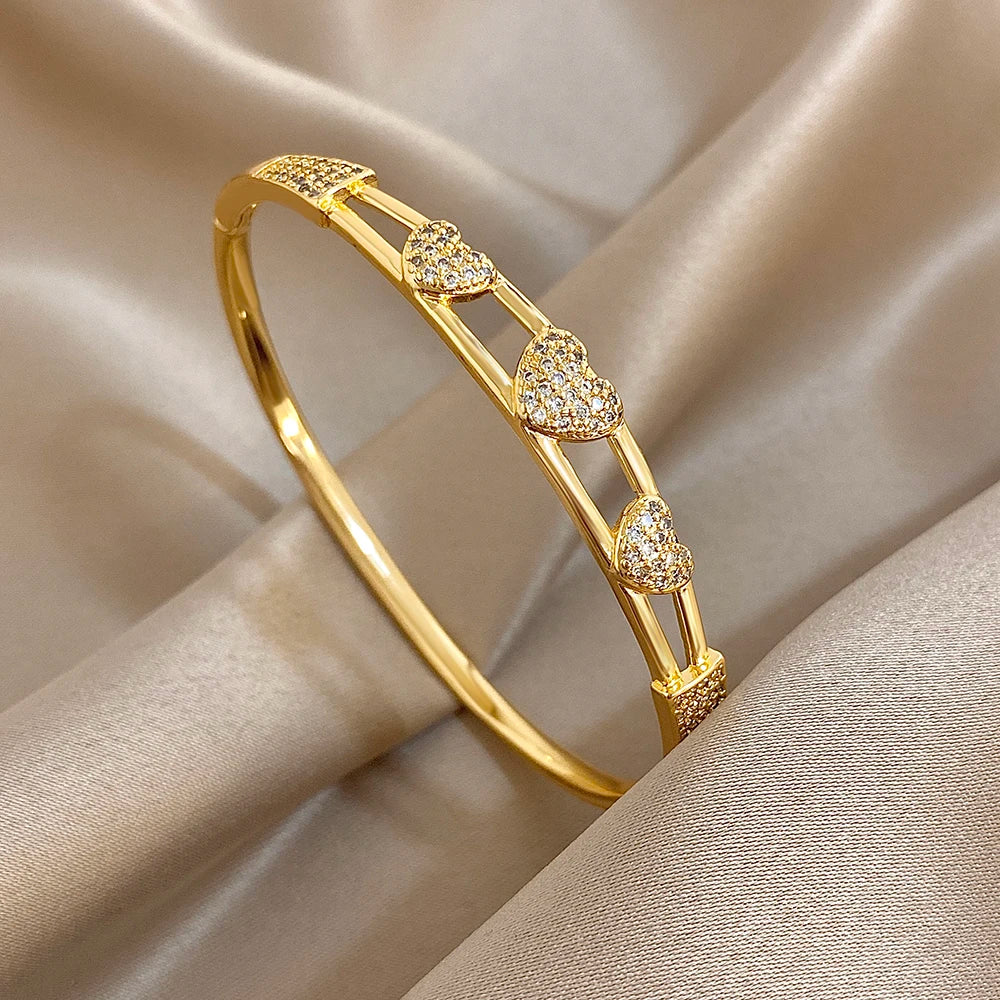 Flashbuy Gold Color Chic Inlaid Zircon Copper Bangle Bracelet For Women Statement New Design Temperament Wrist Fashion Jewelry