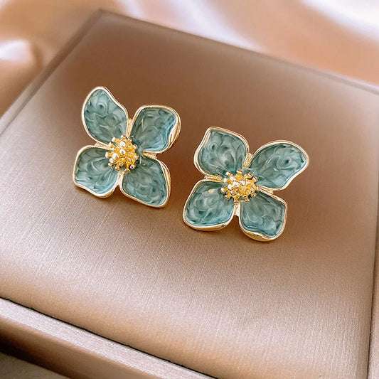 Light Green Enamel Oil Flower Stud Earrings for Women Elegant Four Blooming Petals Plant Earrings Cute Trendy Party Jewelry Gift